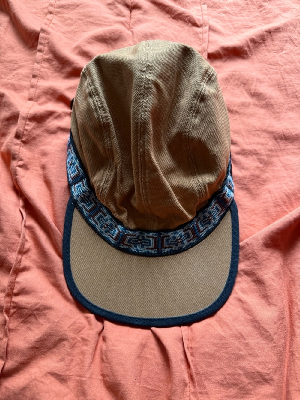 Kavu Tan Five-Panel Cap with Blue Patterned Trim